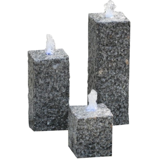 3 Pillar fontaine Set i r granit, farve gr 15x15 H 20/35/50